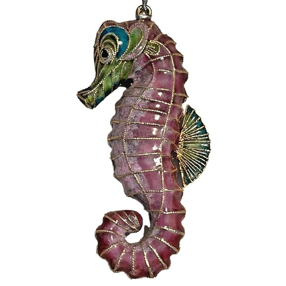 Vtg Cloisonne Enamel SEA HORSE Ornament Purple Green Gold Trim Decorative Art - Picture 2 of 7